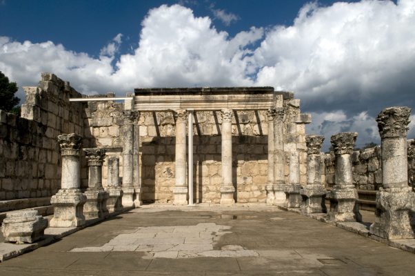 Ruins of the ancient great Jewish synagogue at Capernaum or Kfar Nahum at the shore of Galilee lake northern Israel